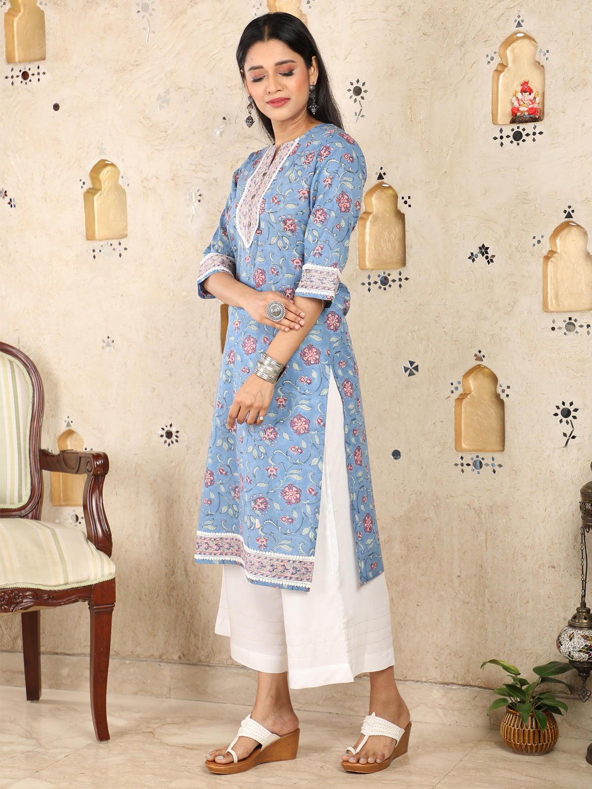 Block Print Blue Mulmul Kurti UCK22006