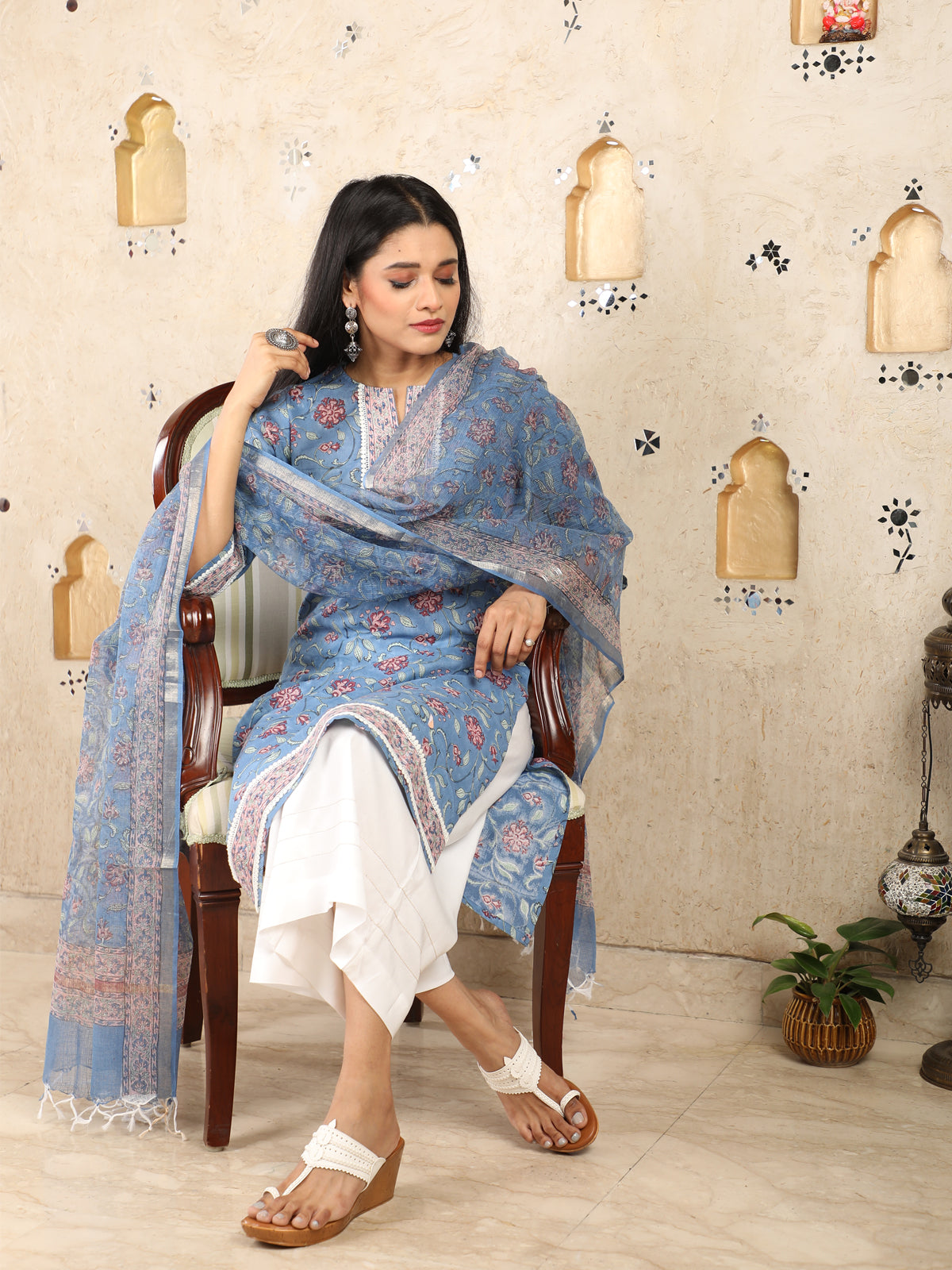 Block Print Blue Mulmul Kurti UCK22006