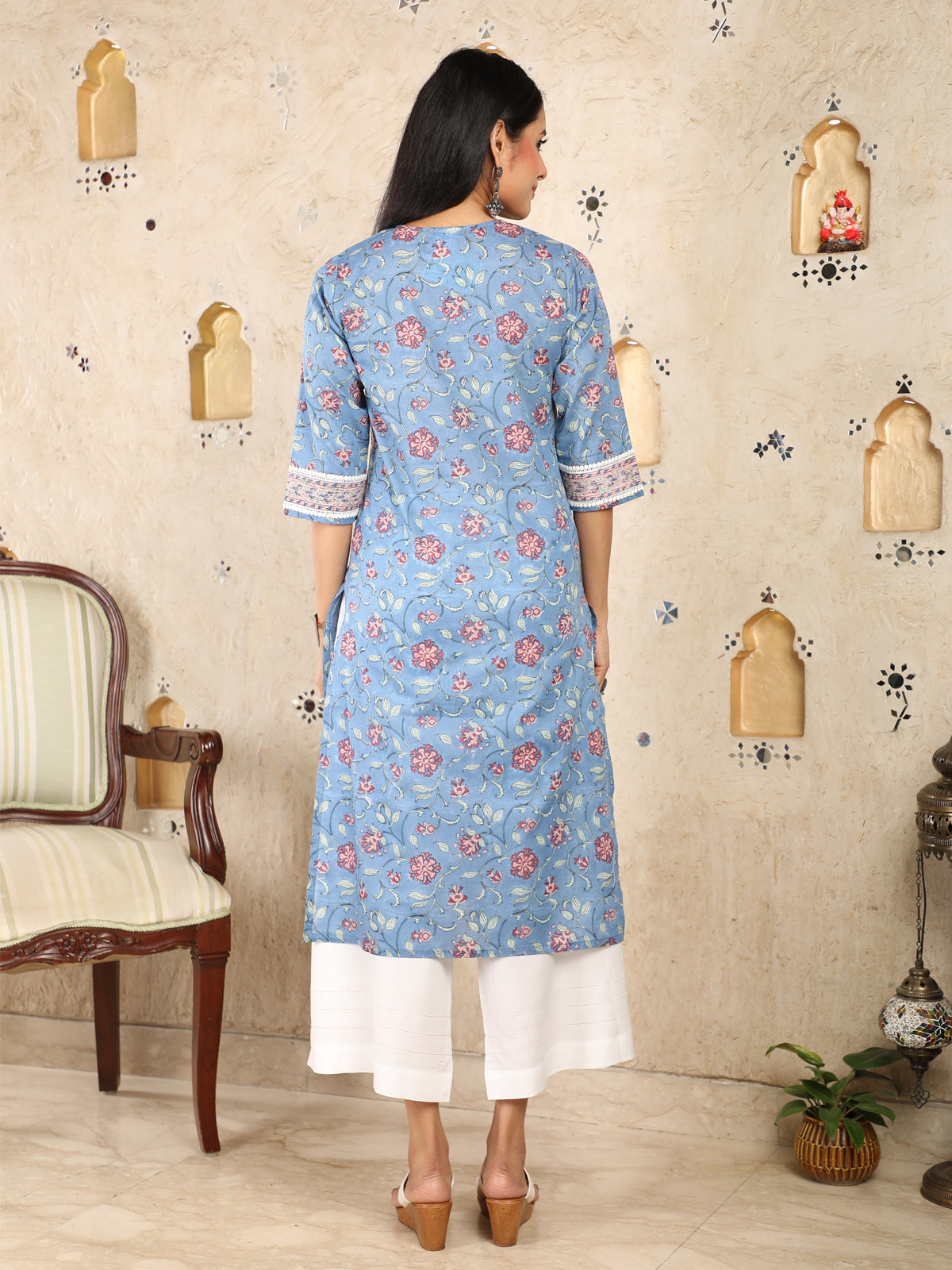 Block Print Blue Mulmul Kurti UCK22006