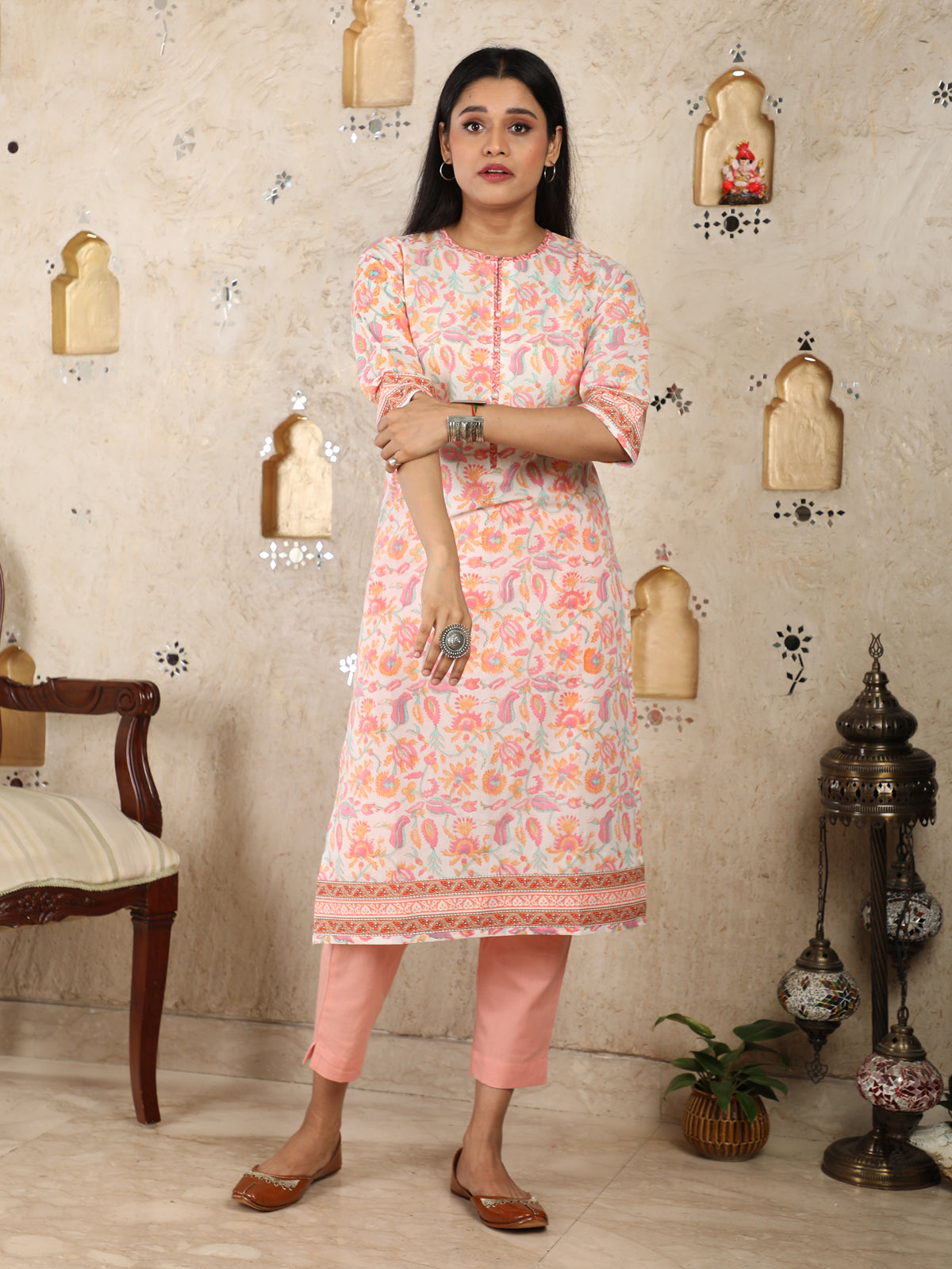 Gulab Bari Pink Print Office Wear Cotton Kurti UCK22008