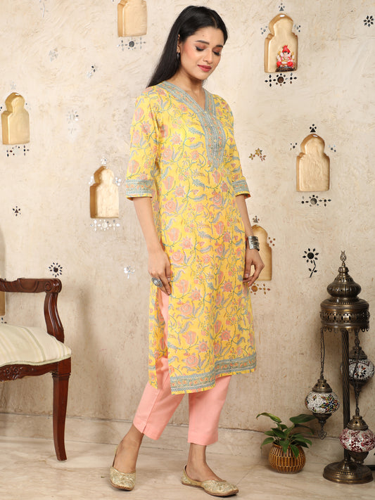 Cotton Mulmul Yellow Printed Kurta UCK22009