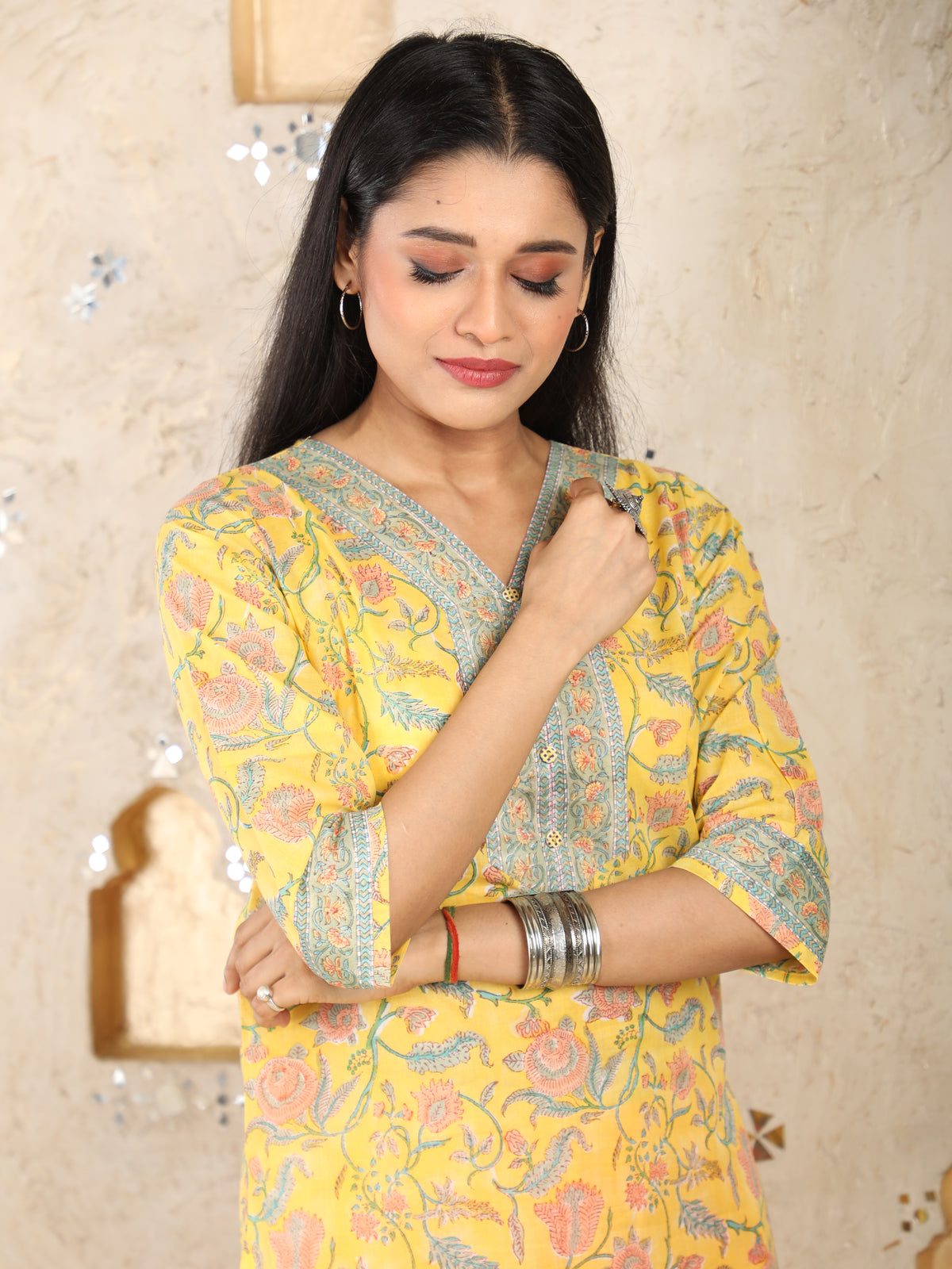 Cotton Mulmul Yellow Printed Kurta UCK22009