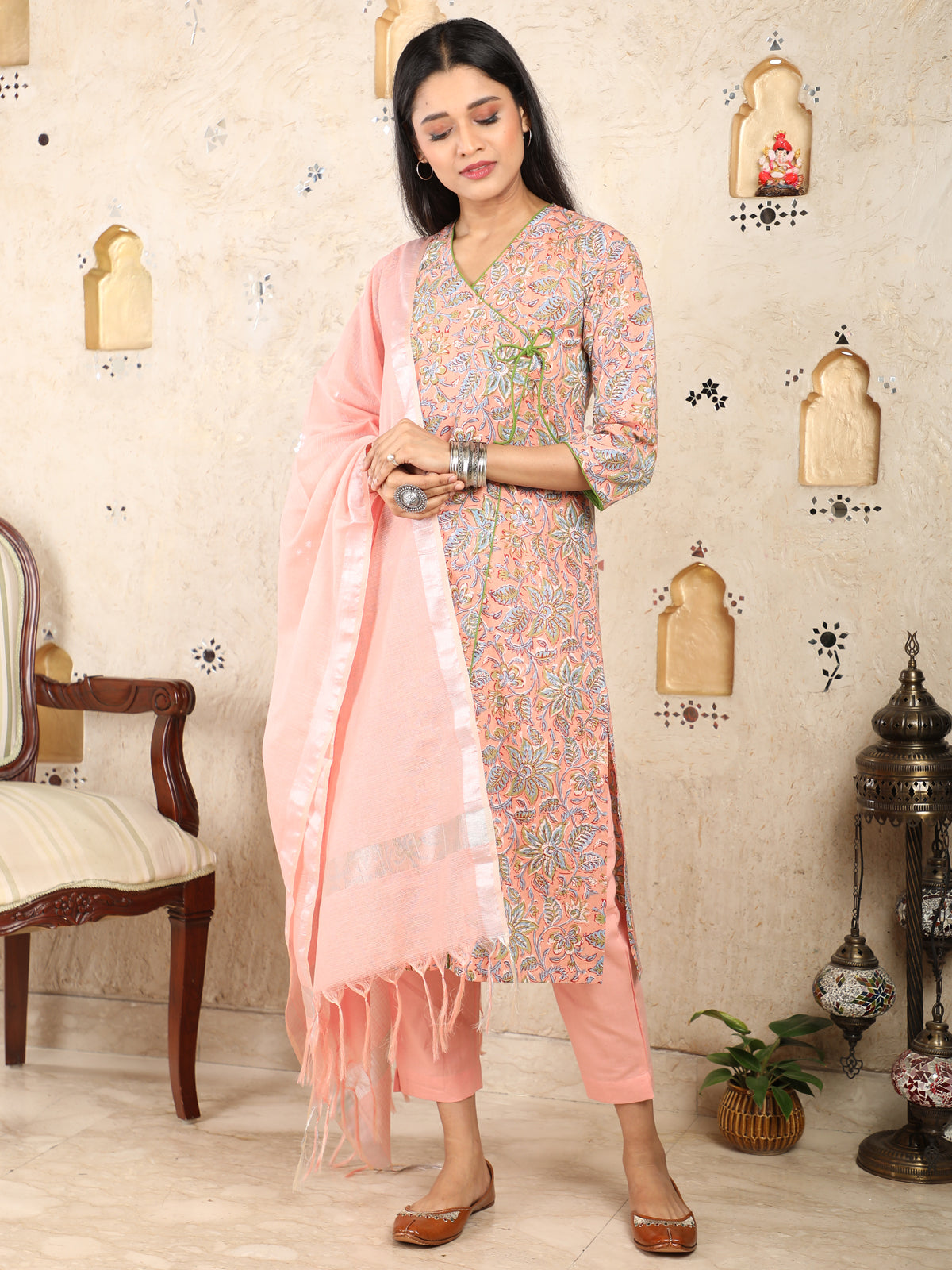 Floral Print Green Trim Angrakha Ladies Kurti UCK22013