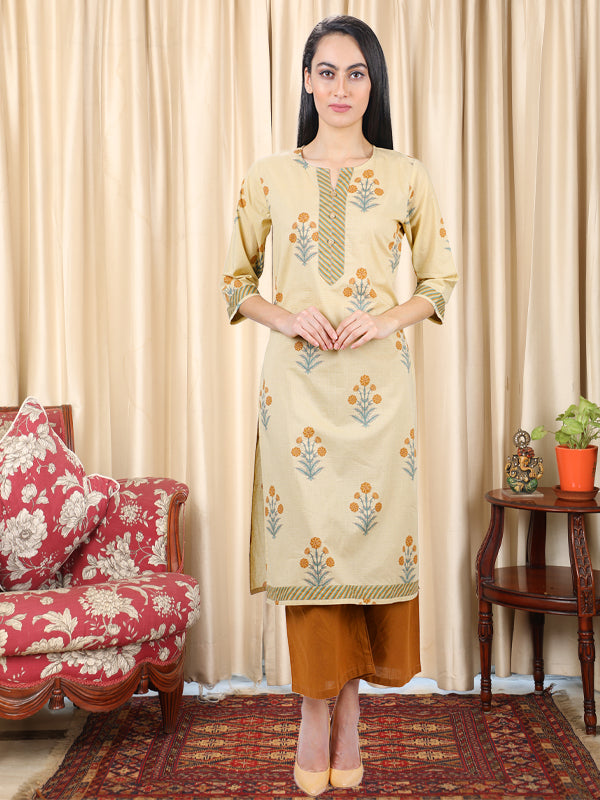 Floral Print Beige Colour Knee Length Kurti UCK22019