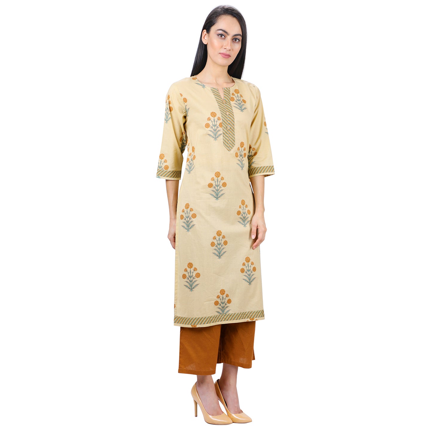 Floral Print Beige Colour Knee Length Kurti UCK22019
