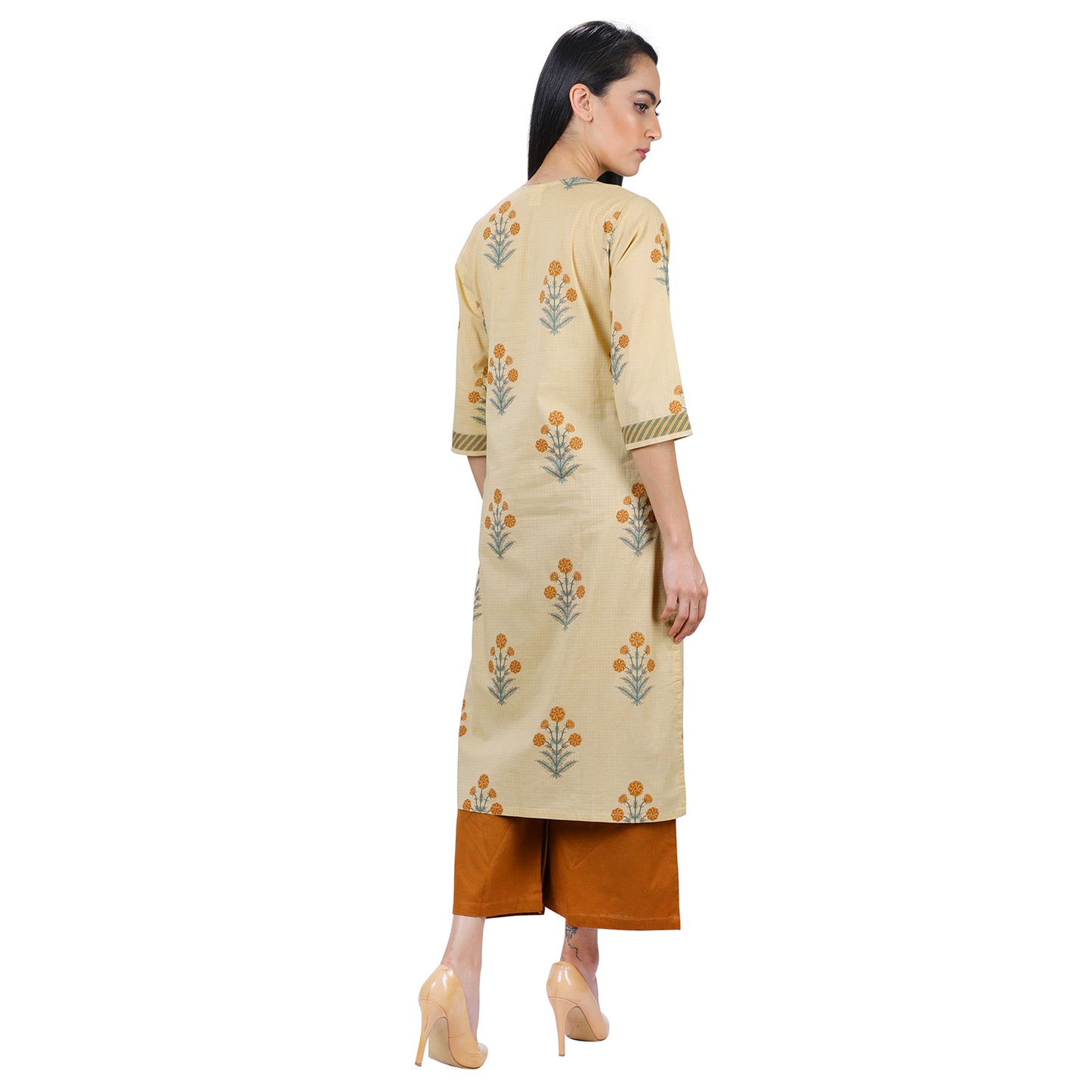 Floral Print Beige Colour Knee Length Kurti UCK22019
