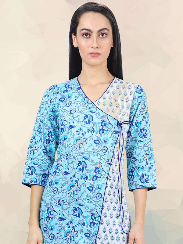 Floral Print White and Teal Trim Angrakha Ladies Kurti UCK22024