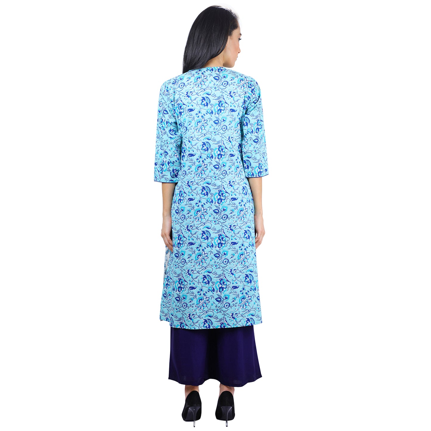 Floral Print White and Teal Trim Angrakha Ladies Kurti UCK22024