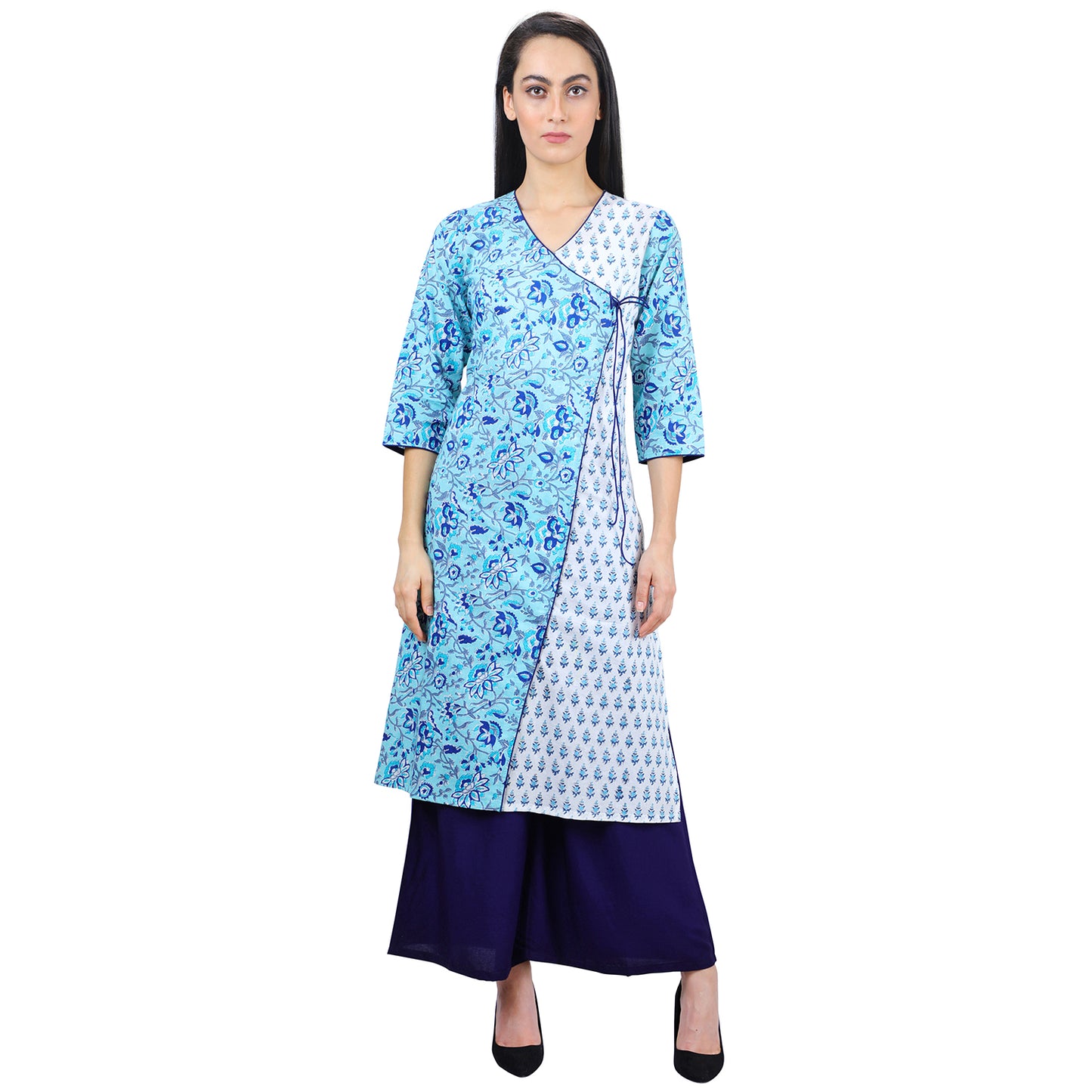 Floral Print White and Teal Trim Angrakha Ladies Kurti UCK22024