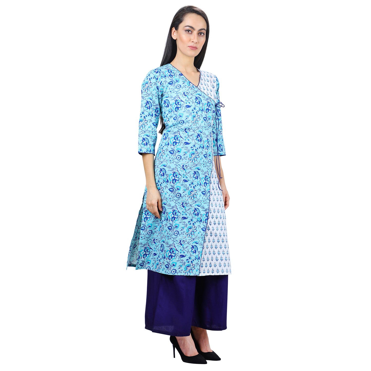 Floral Print White and Teal Trim Angrakha Ladies Kurti UCK22024