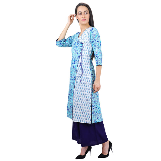 Floral Print White and Teal Trim Angrakha Ladies Kurti UCK22024