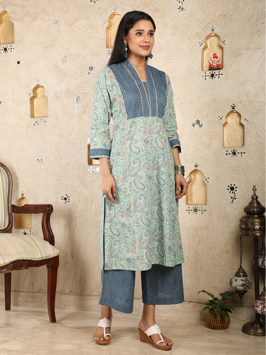 Scoopneck Turquoise Paisley Print Kurta UCK22054