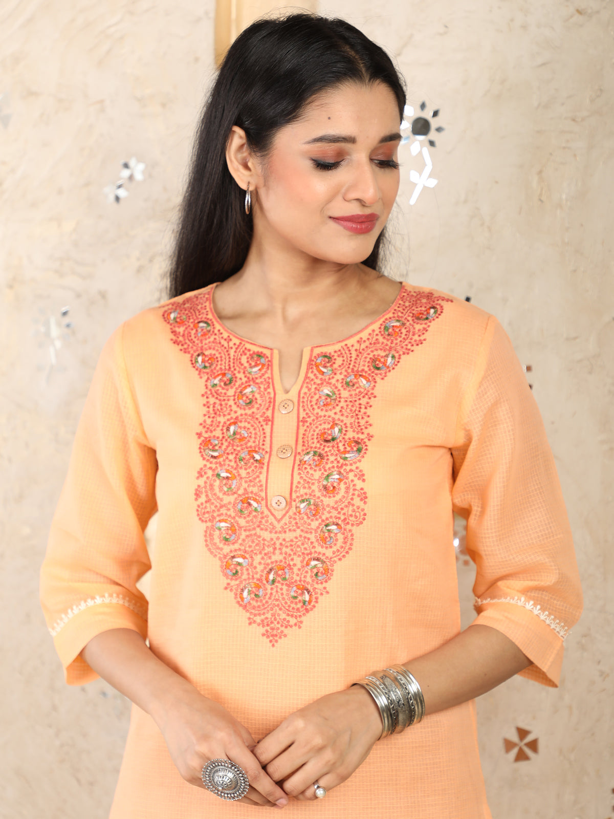 Peach Kota Doria Kurta With Embroidery UCK22065