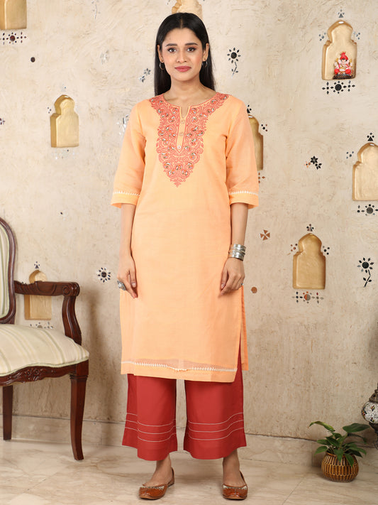 Peach Kota Doria Kurta With Embroidery UCK22065