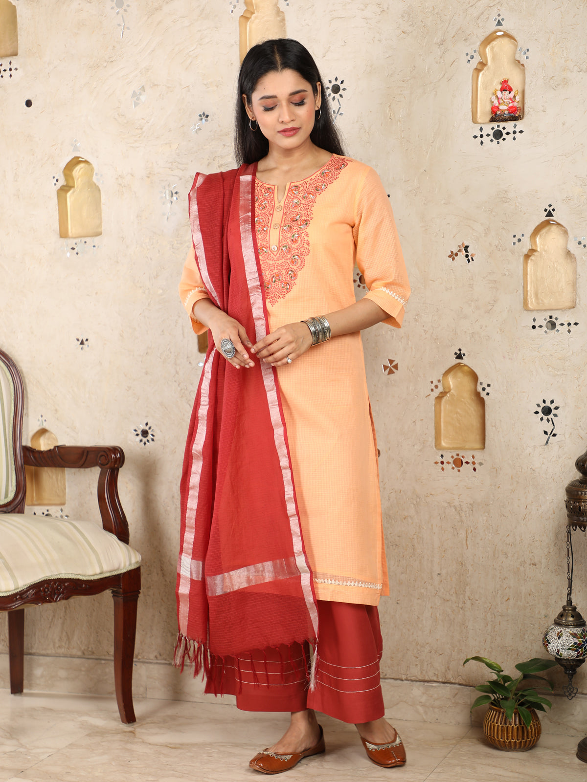 Peach Kota Doria Kurta With Embroidery UCK22065