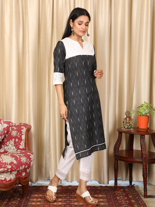 Black Ikkat Kurta with Lace Yoke UCK22071