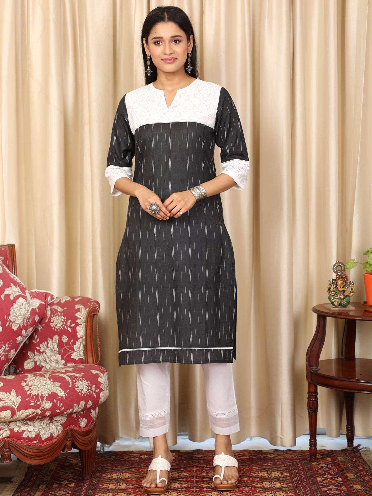 Black Ikkat Kurta with Lace Yoke UCK22071