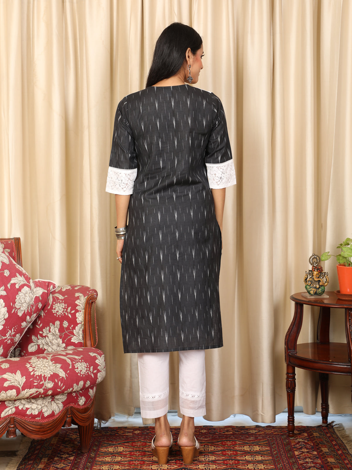 Black Ikkat Kurta with Lace Yoke UCK22071