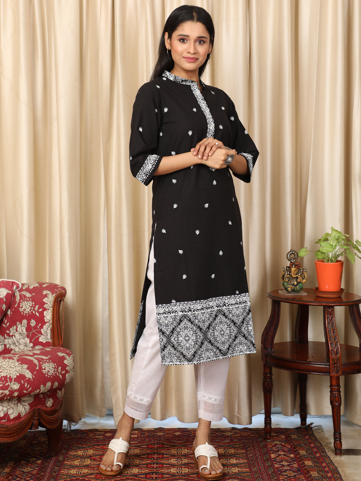 Block Printed Black Handloom Kurta UCK22073