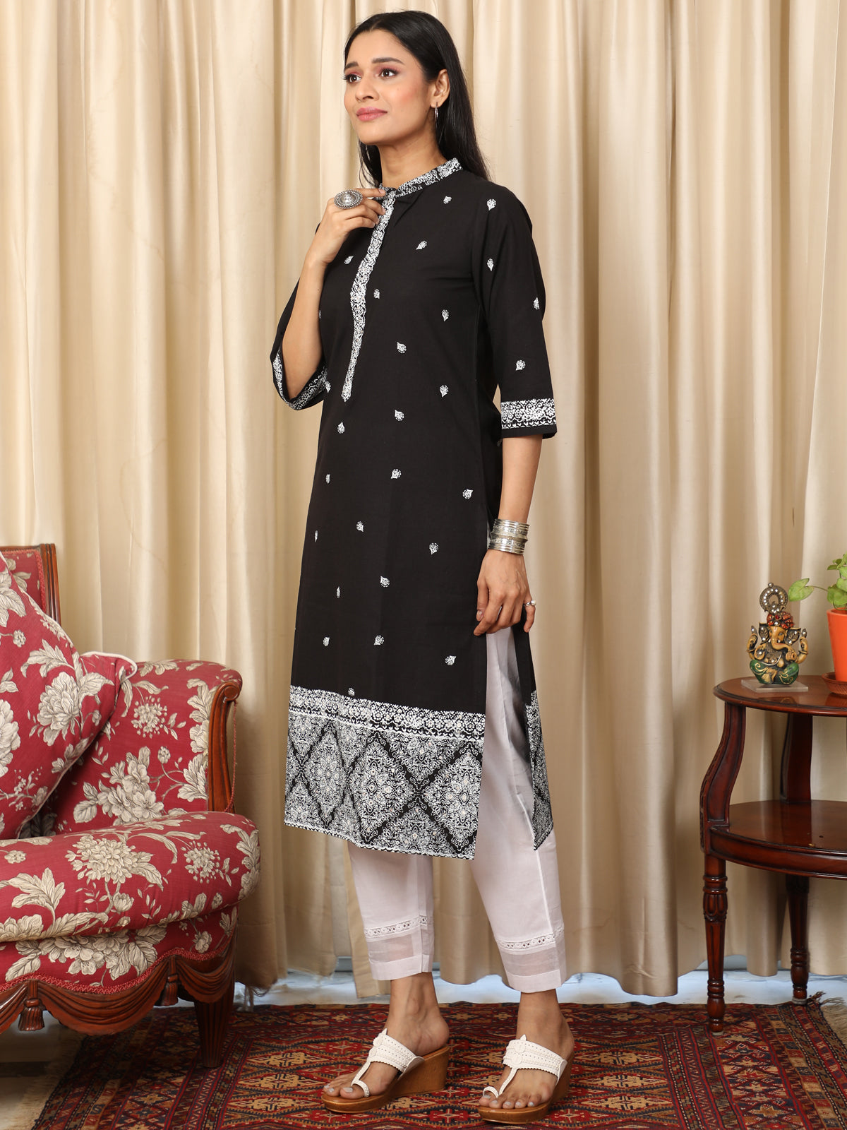 Block Printed Black Handloom Kurta UCK22073