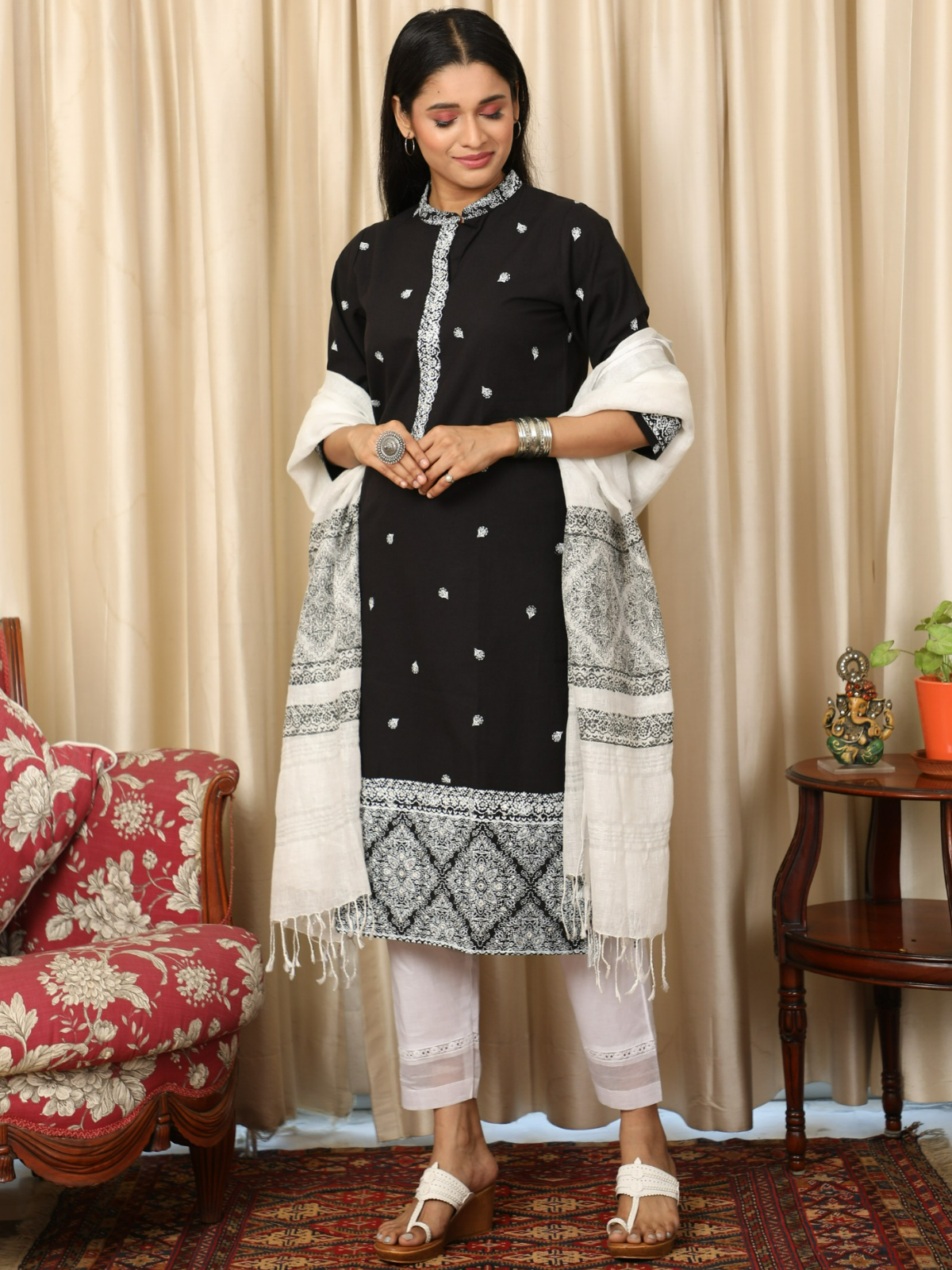 Block Printed Black Handloom Kurta UCK22073