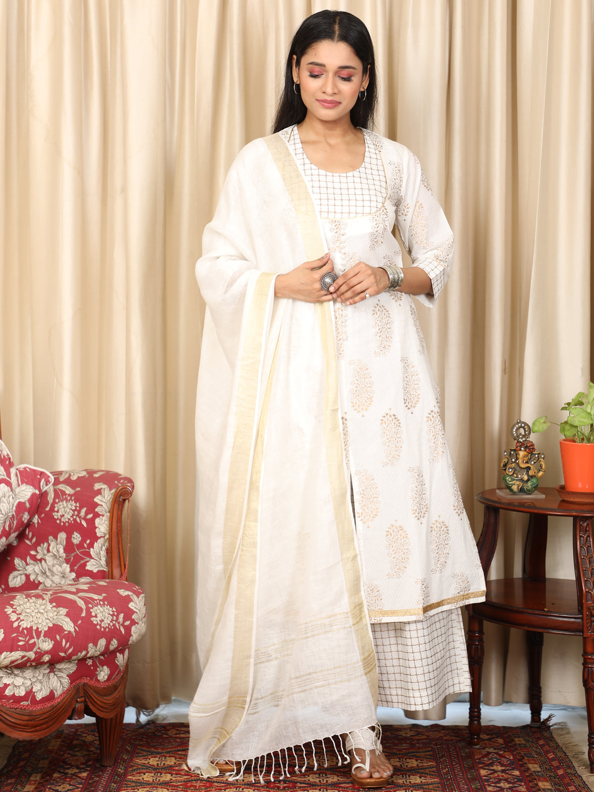 Regal Gold on White Party Wear A-line Kurti UCKL22015