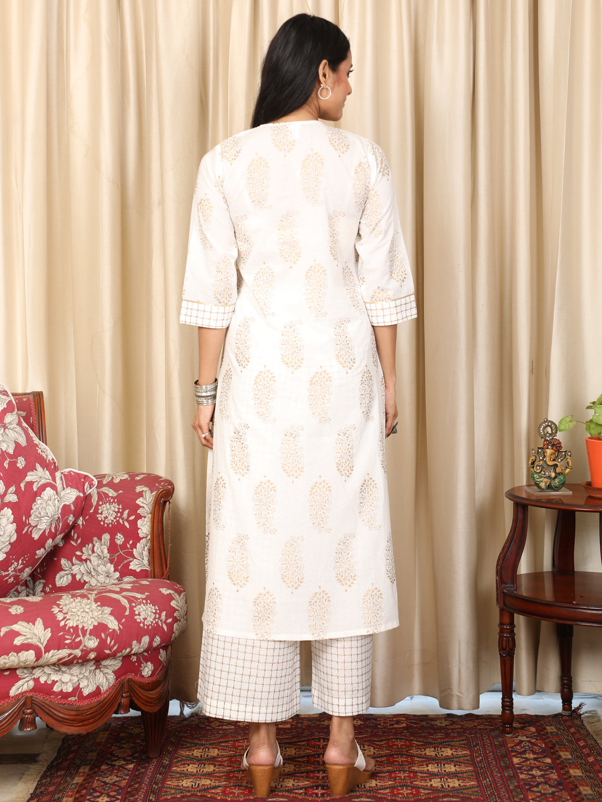 Regal Gold on White Party Wear A-line Kurti UCKL22015