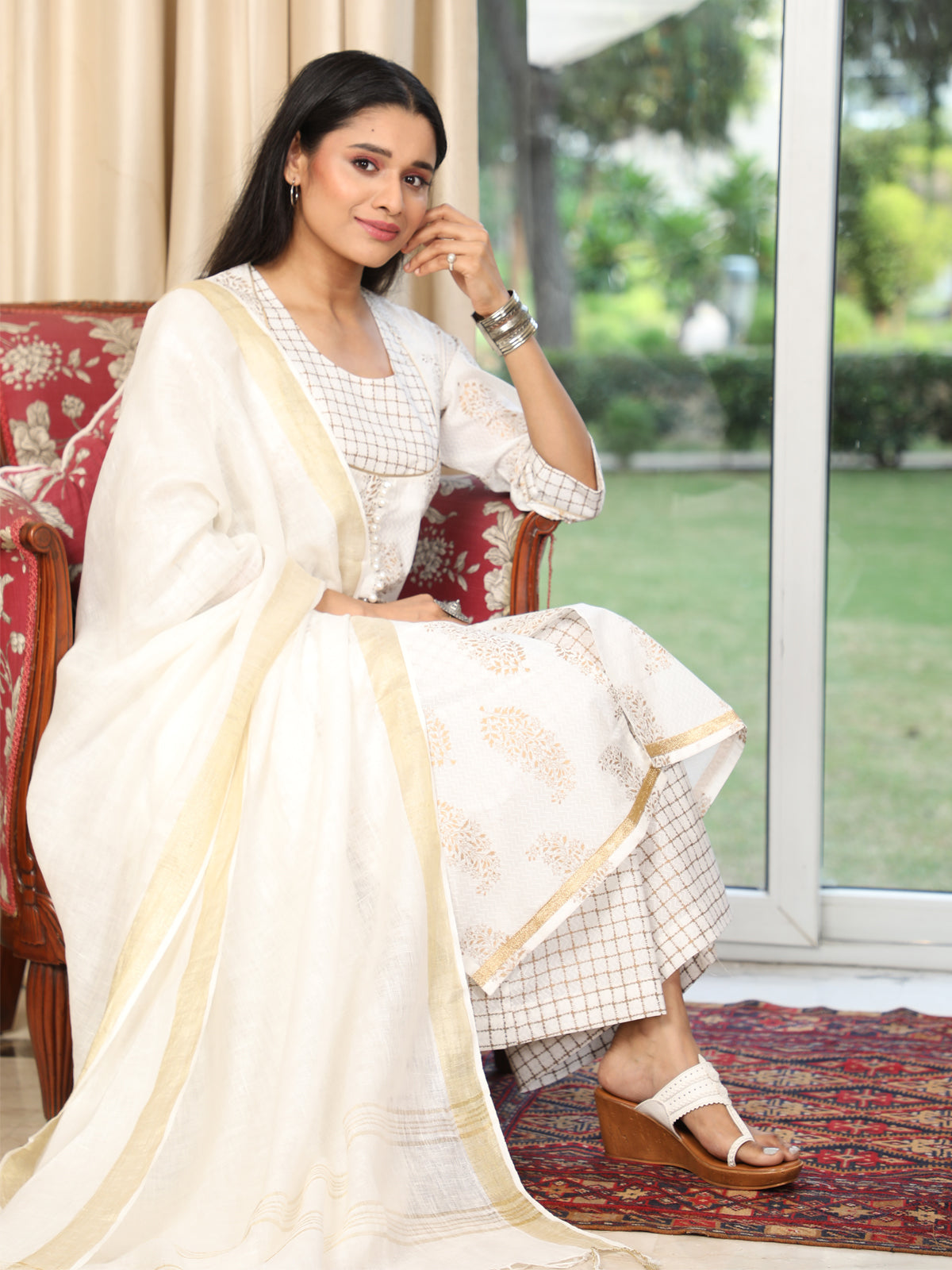 Regal Gold on White Party Wear A-line Kurti UCKL22015