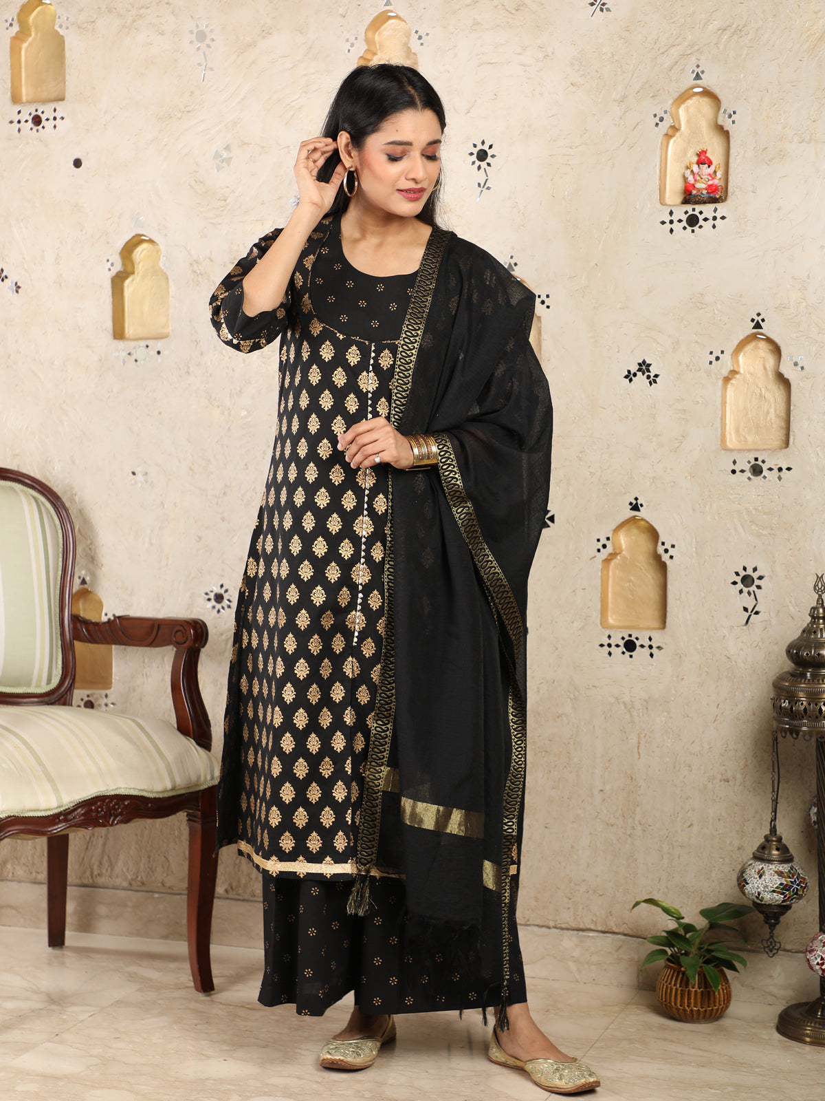 Regal Gold on Black Party Wear Kurti UCKL22023