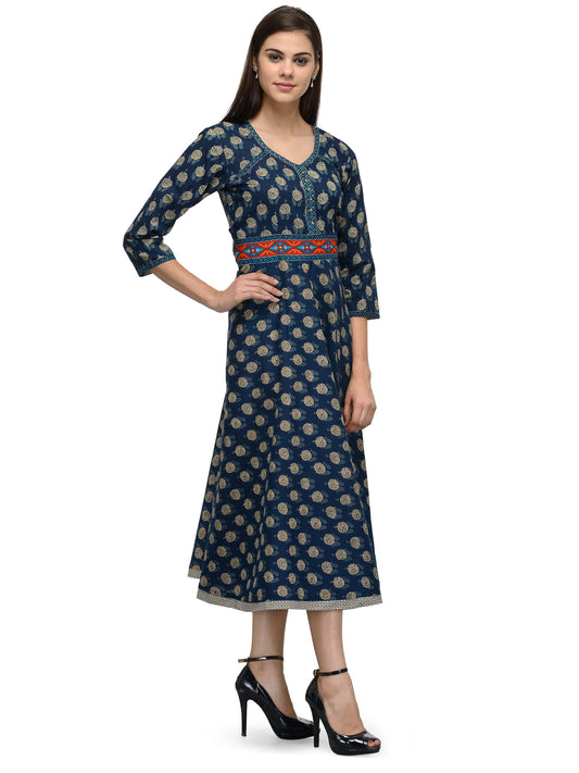 Calf length Indigo blue cotton printed dress UD6004