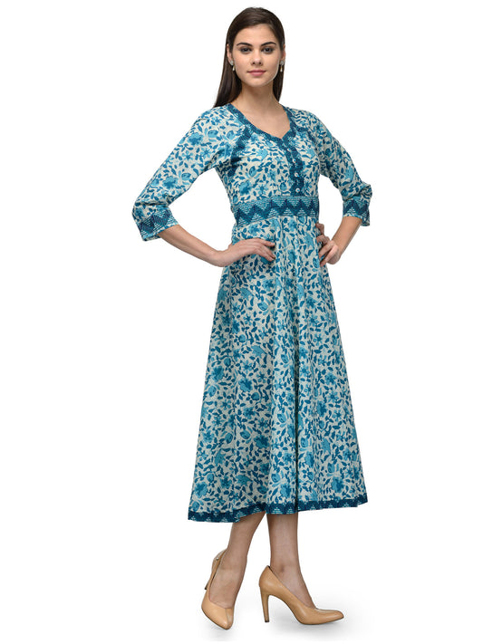 Women's blue dress in printed cotton UD6005