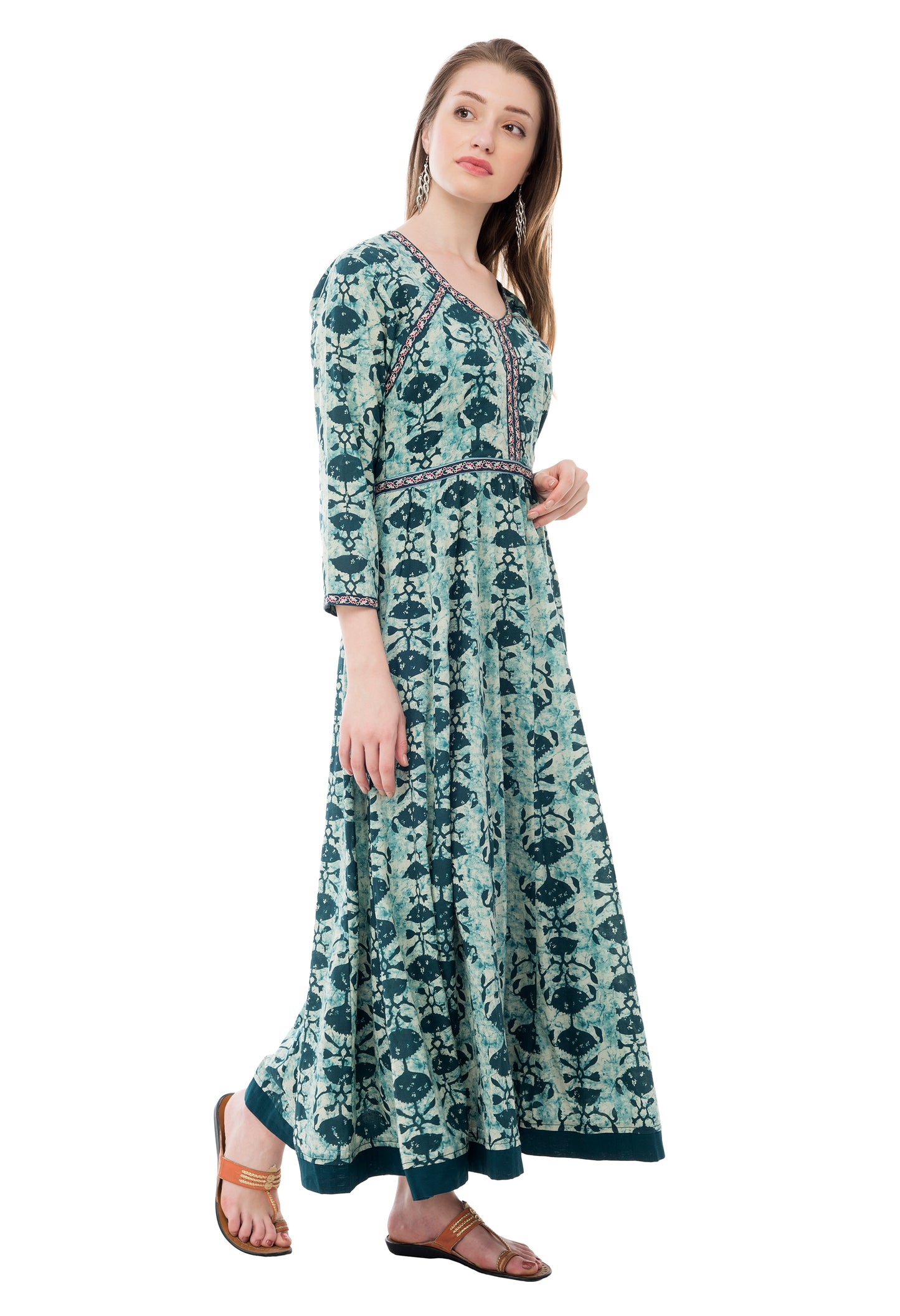 Teal Colored Indo-Western Cotton Printed Dress UD6017