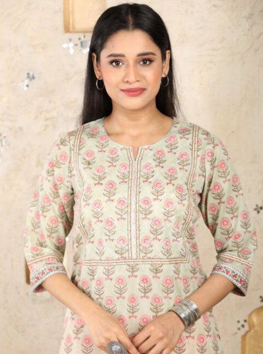 Sage Green Floral Mulmul Kurti UCK22033