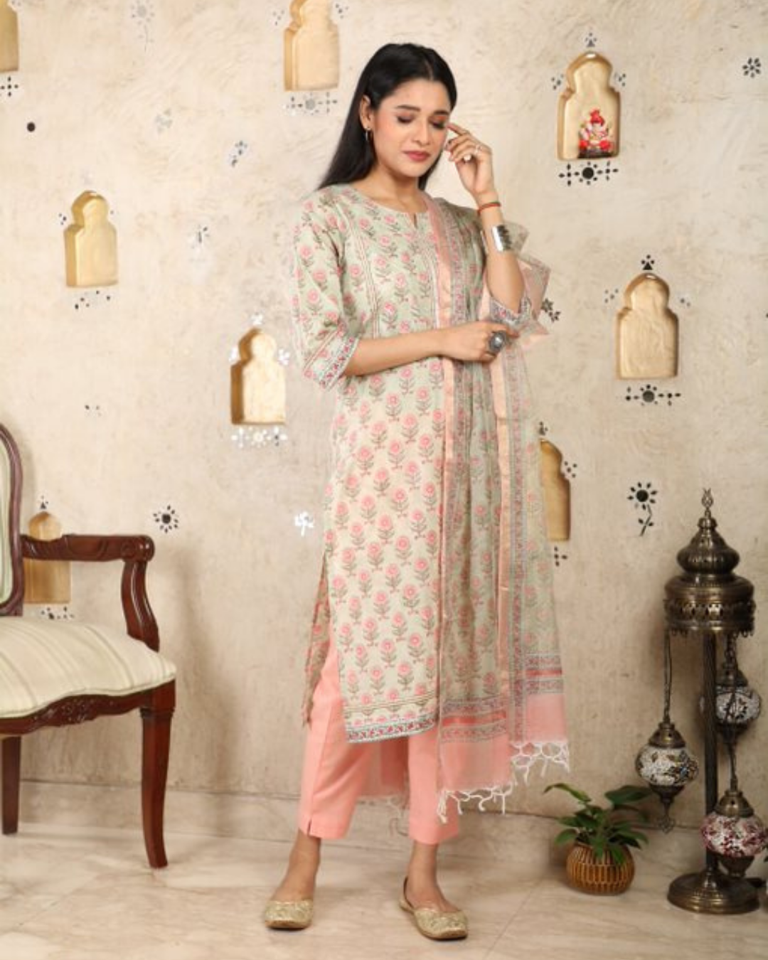 Sage Green Floral Mulmul Kurti UCK22033
