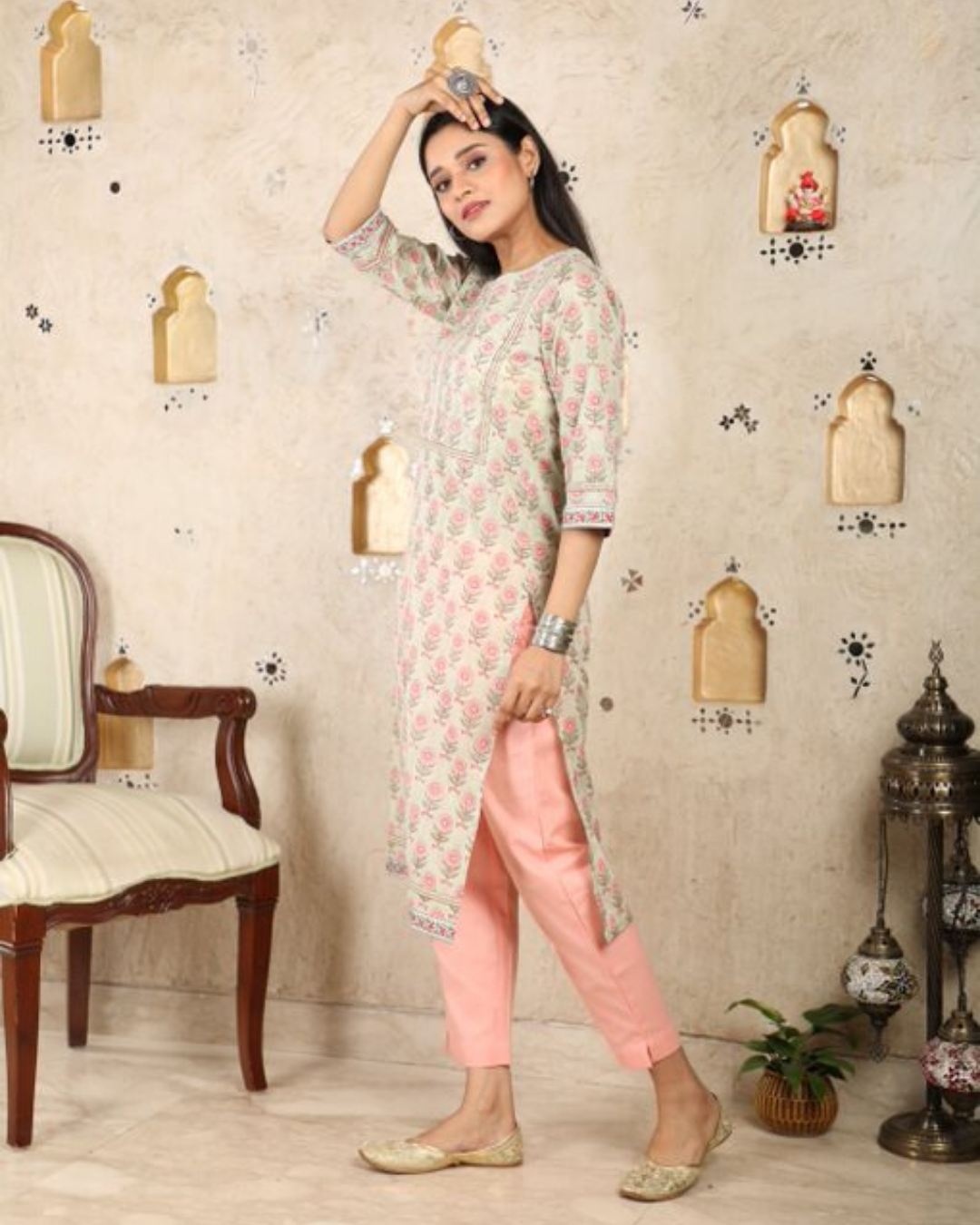 Sage Green Floral Mulmul Kurti UCK22033