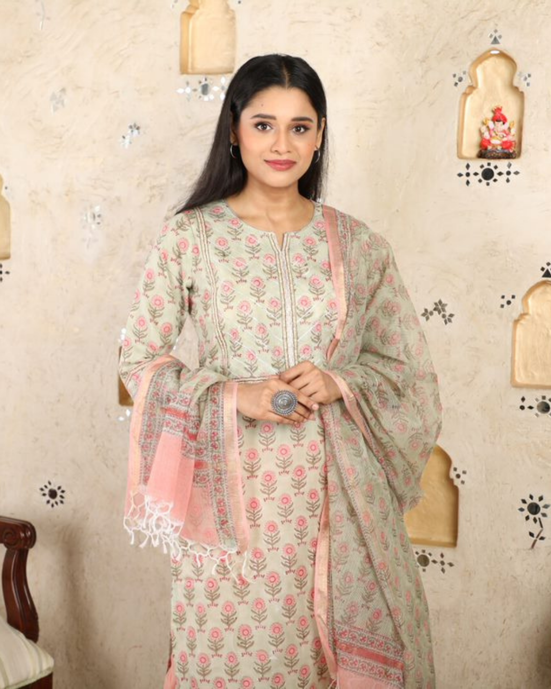 Sage Green Floral Mulmul Kurti UCK22033