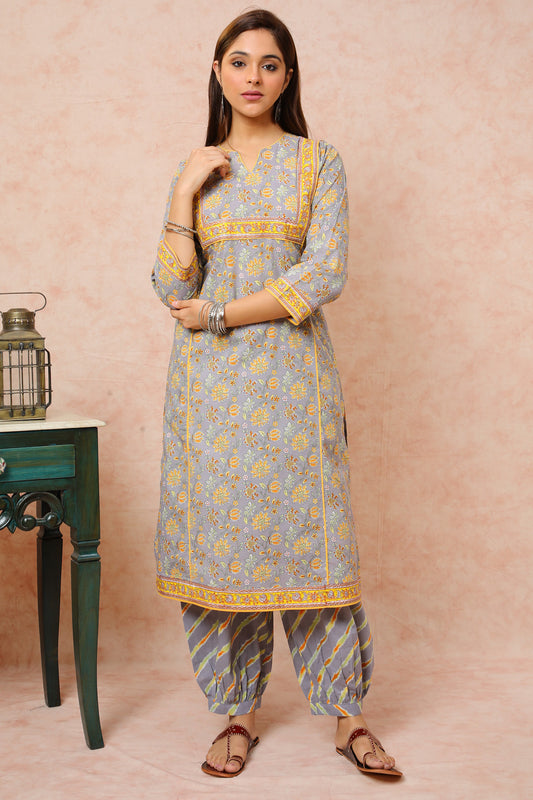 Grey Adab Style Yellow Printed Kurta UCK22095