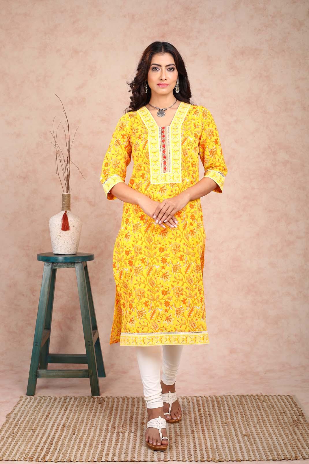 A-line Glass Neck Yellow Printed Kurta UCK22128 - Uniquestuff