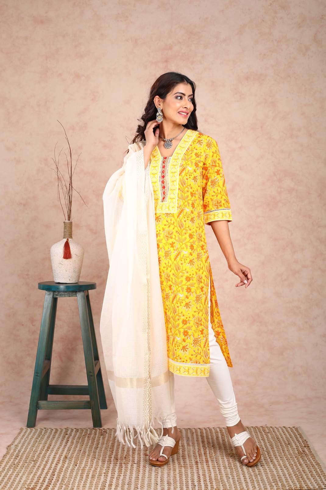 navi-nari-a-line-glass-neck-yellow-printed-kurta