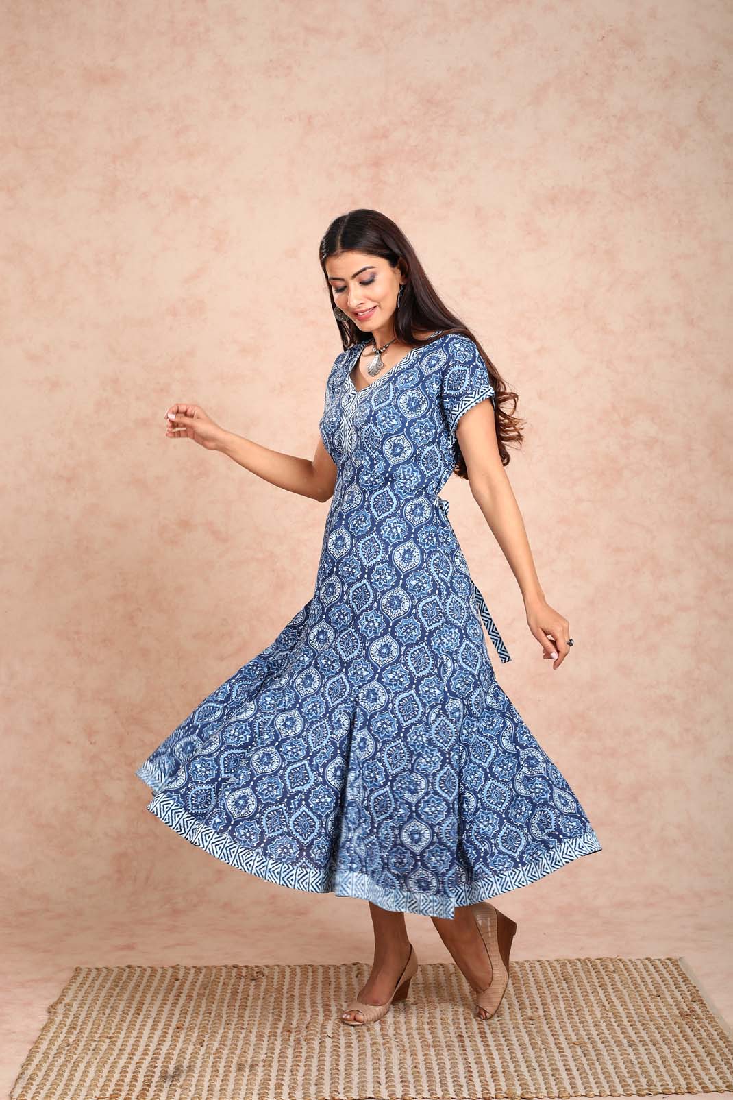 Blue frill bottom Front Open Dress