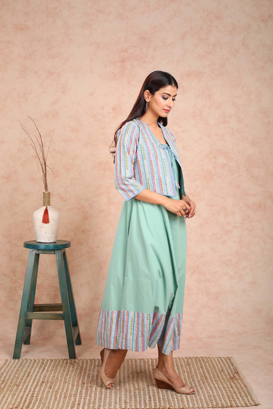 Green Solid Dress with Green Printed Bulero Jacket