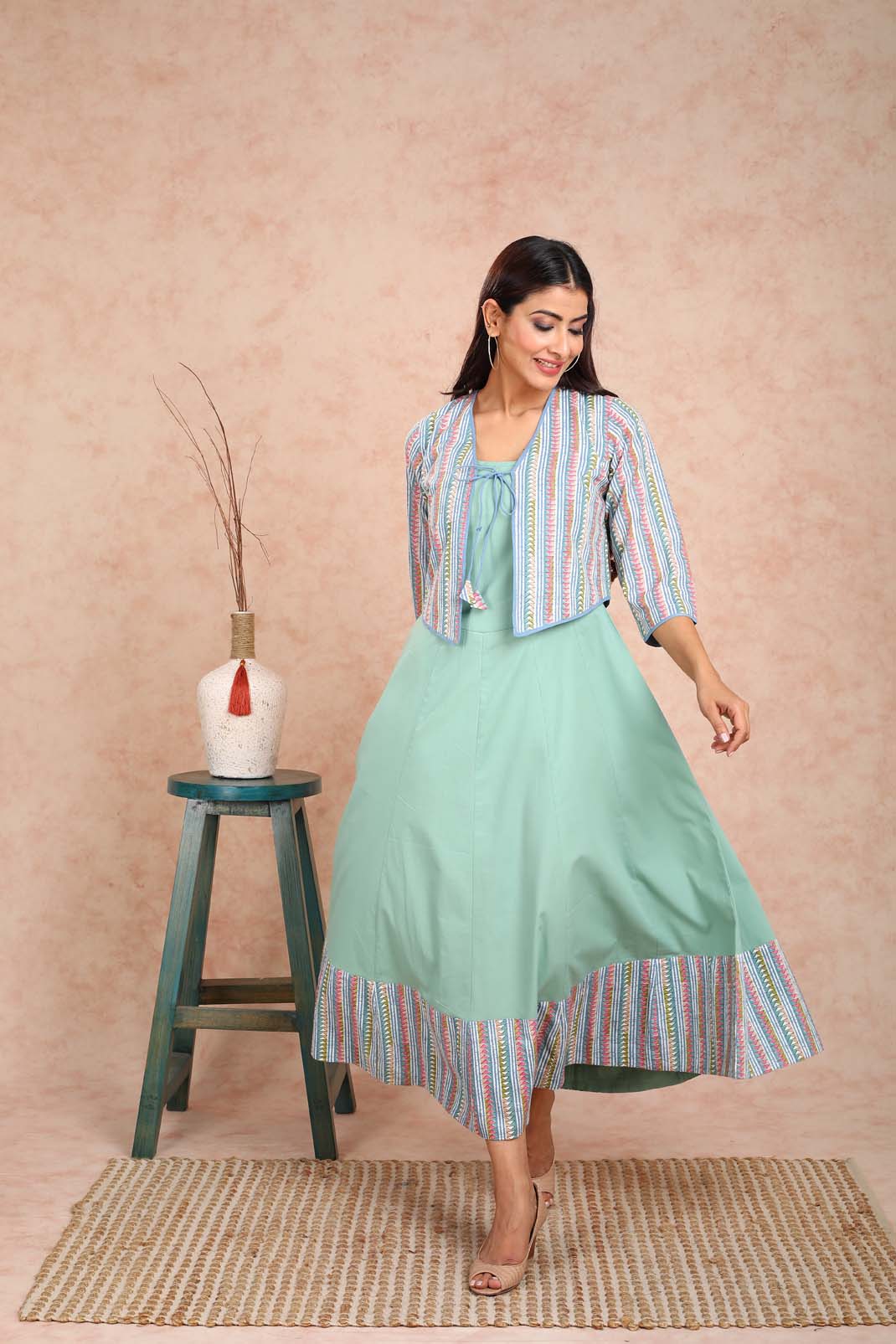 Green Solid Dress with Green Printed Bulero Jacket