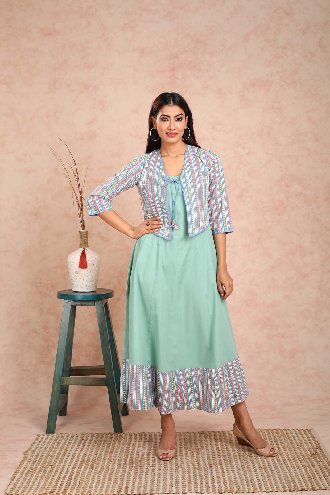 Green Solid Dress with Green Printed Bulero Jacket