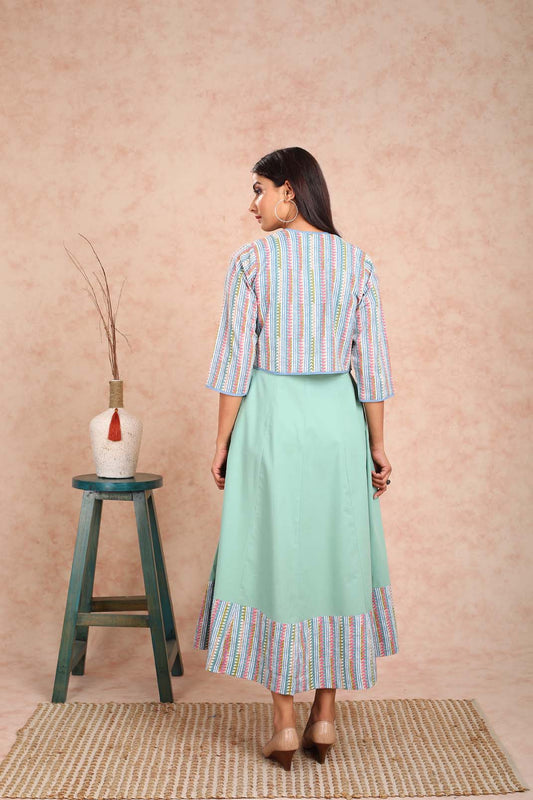 Green Solid Dress with Green Printed Bulero Jacket