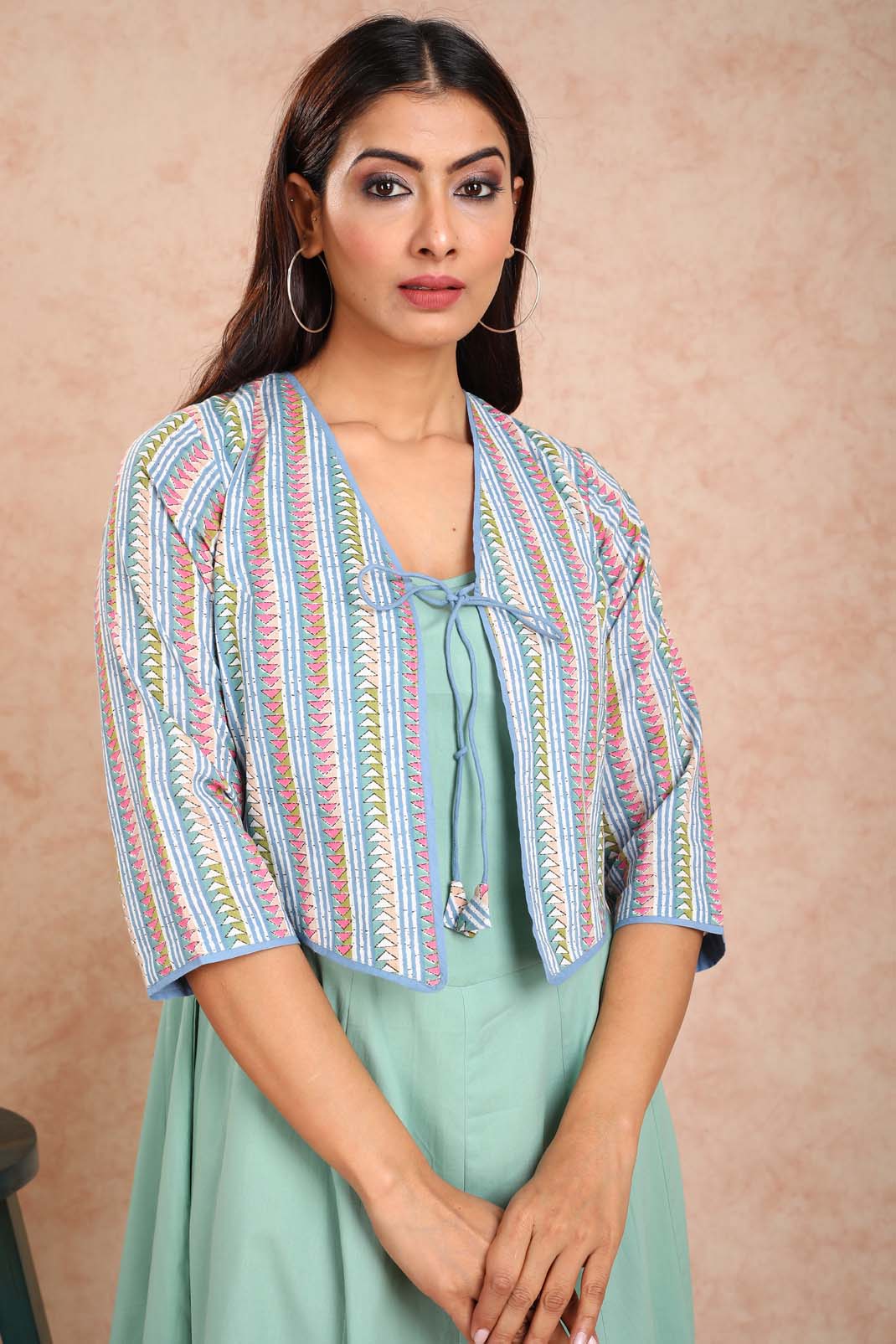 Green Solid Dress with Green Printed Bulero Jacket