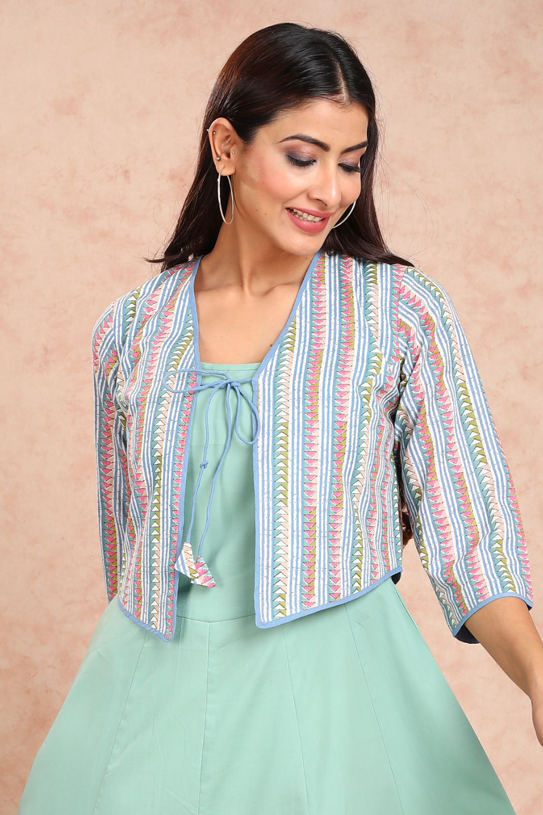 Green Solid Dress with Green Printed Bulero Jacket