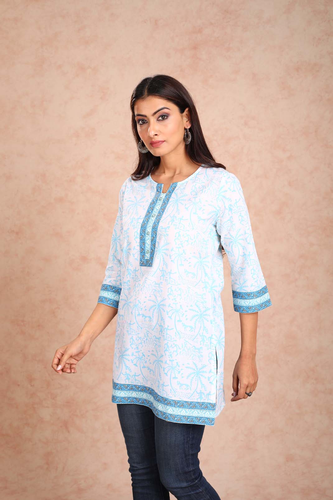 Light Blue Printed Short Kurta