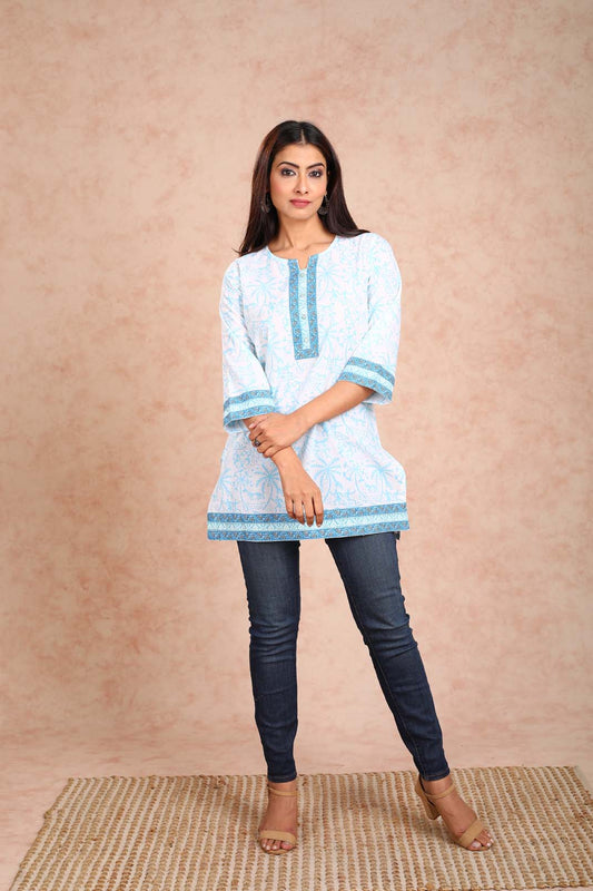 Light Blue Printed Short Kurta