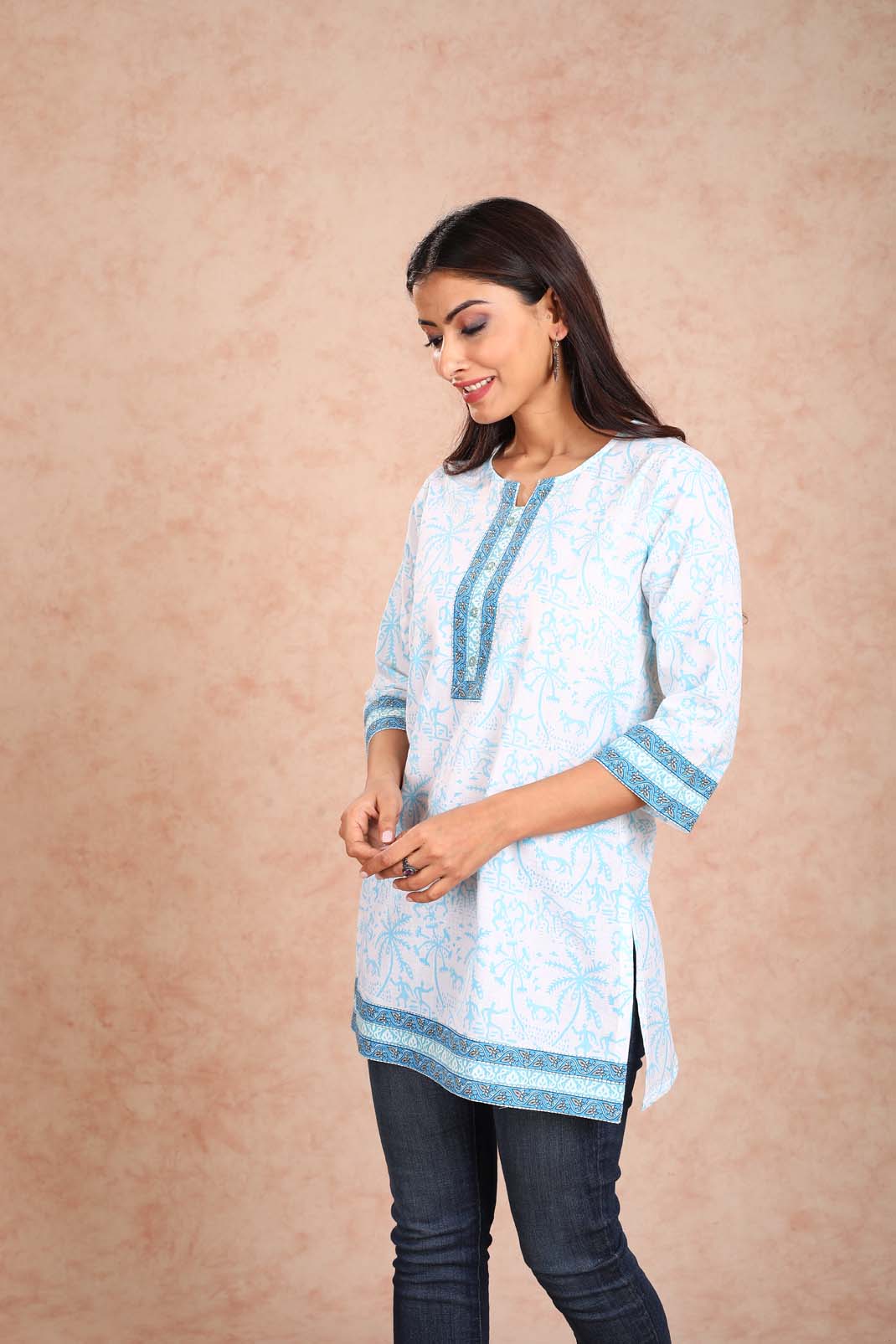 Light Blue Printed Short Kurta