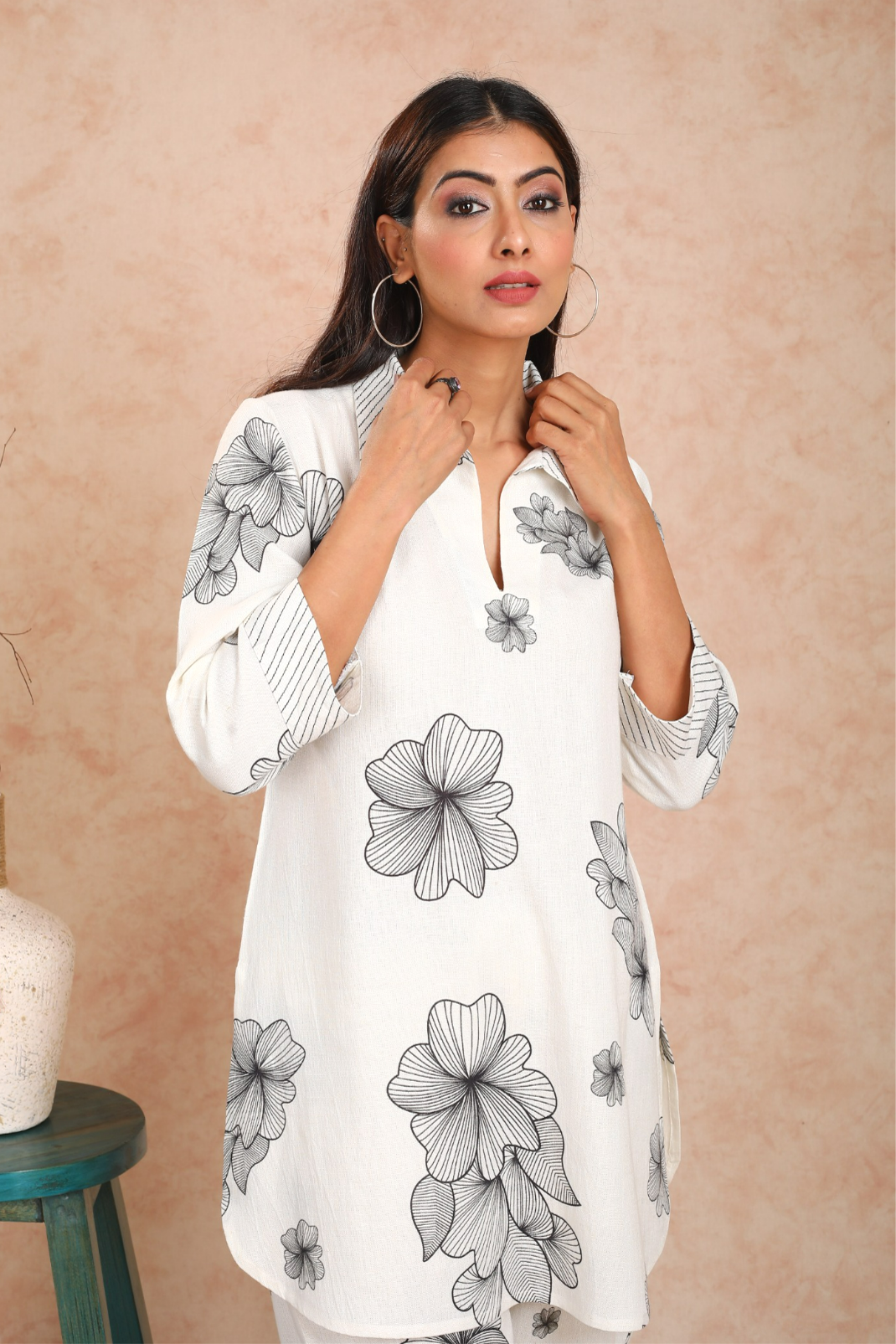 Linen Black on white Printed Co ord Set UCEN22147 Uniquestuff